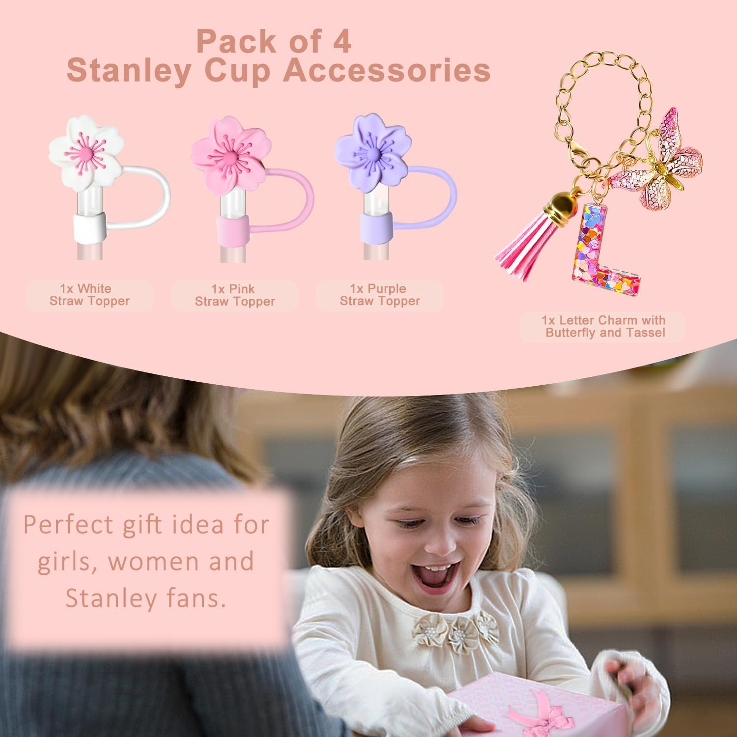 Compatible with Stanley Cup Accessories, Letter Charm and 3Pcs Silicone Straw Cover, 0.4" 10MM Straw Toppers for Stanley 30 40 oz Tumbler, Pink Initial Letter Charm with Butterfly and Tassel (L)