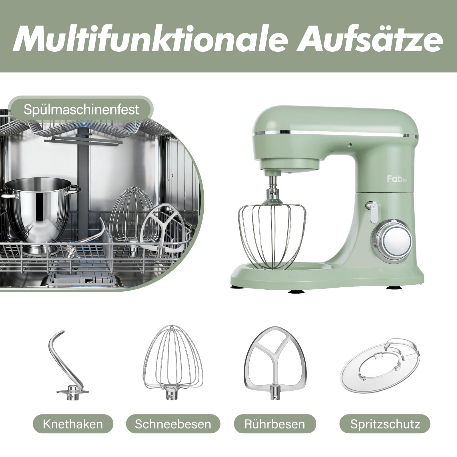 Fab-Serie 6L Küchenmaschine von Kitchen in the box, leistungsstarke Rührmaschine mit 1300W, 10 Geschwindigkeiten, ideal für den täglichen Gebrauch, inkl. Knethaken, Schneebesen & Rührhaken, Grün