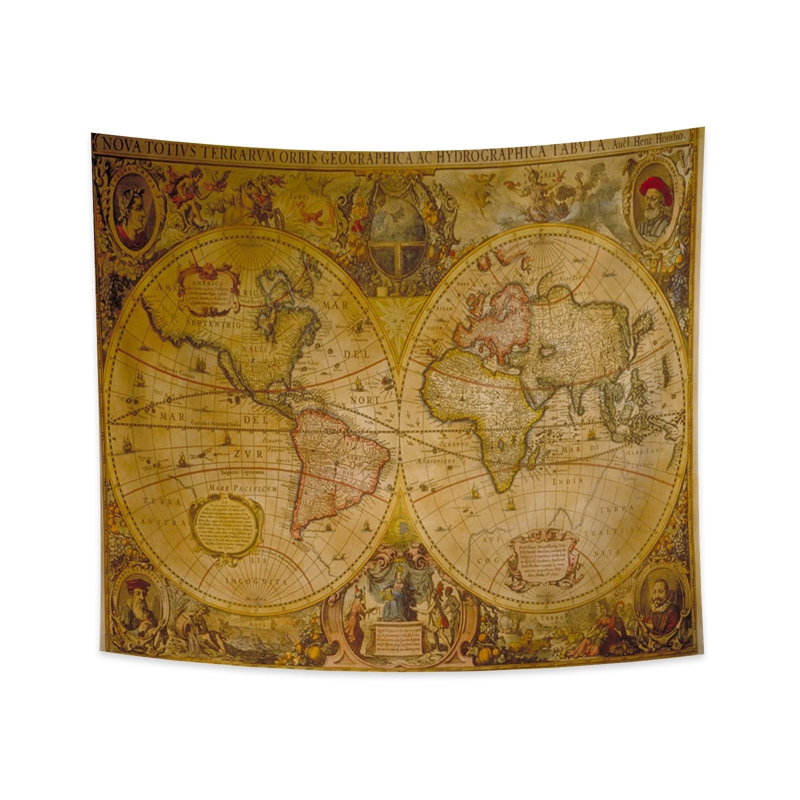 YONGFOTO Alte Weltkarte Wandteppich Antike Klassische Weltkarte Geographisch Wandbehang Berühmte Westliche Porträts Erde Decke für Wohnzimmer Wohnheimdeko Sofa Teppich, 180x160cm