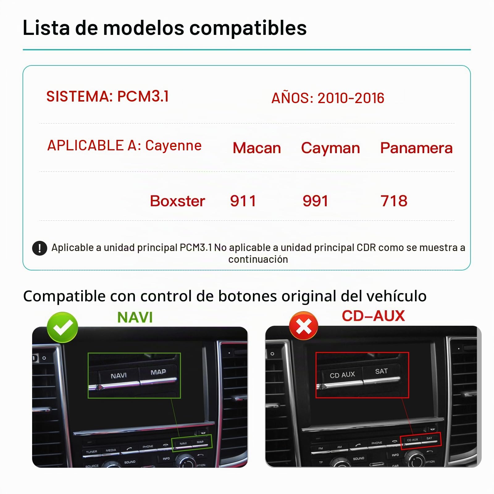 Módulo Wireless CarPlay y Android Auto compatible con sistema Porsche PCM 3.1 para Panamera, Cayenne, Macan, Cayman, Boxster, 911 y 718. Soporta Mirrorlink y funciones originales OEM