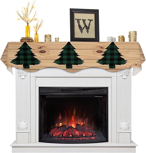 T&H XHome Bufanda de mantel de Navidad, camino de mesa moderno para chimenea, diseño de búfalo verde, árbol de Navidad sobre tablones de madera,