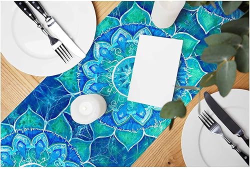 HOSNYE Camino de mesa con diseño de mandala azul, decoración de camino de mesa de lino y algodón para cocina, mesa familiar, mesa de cena,