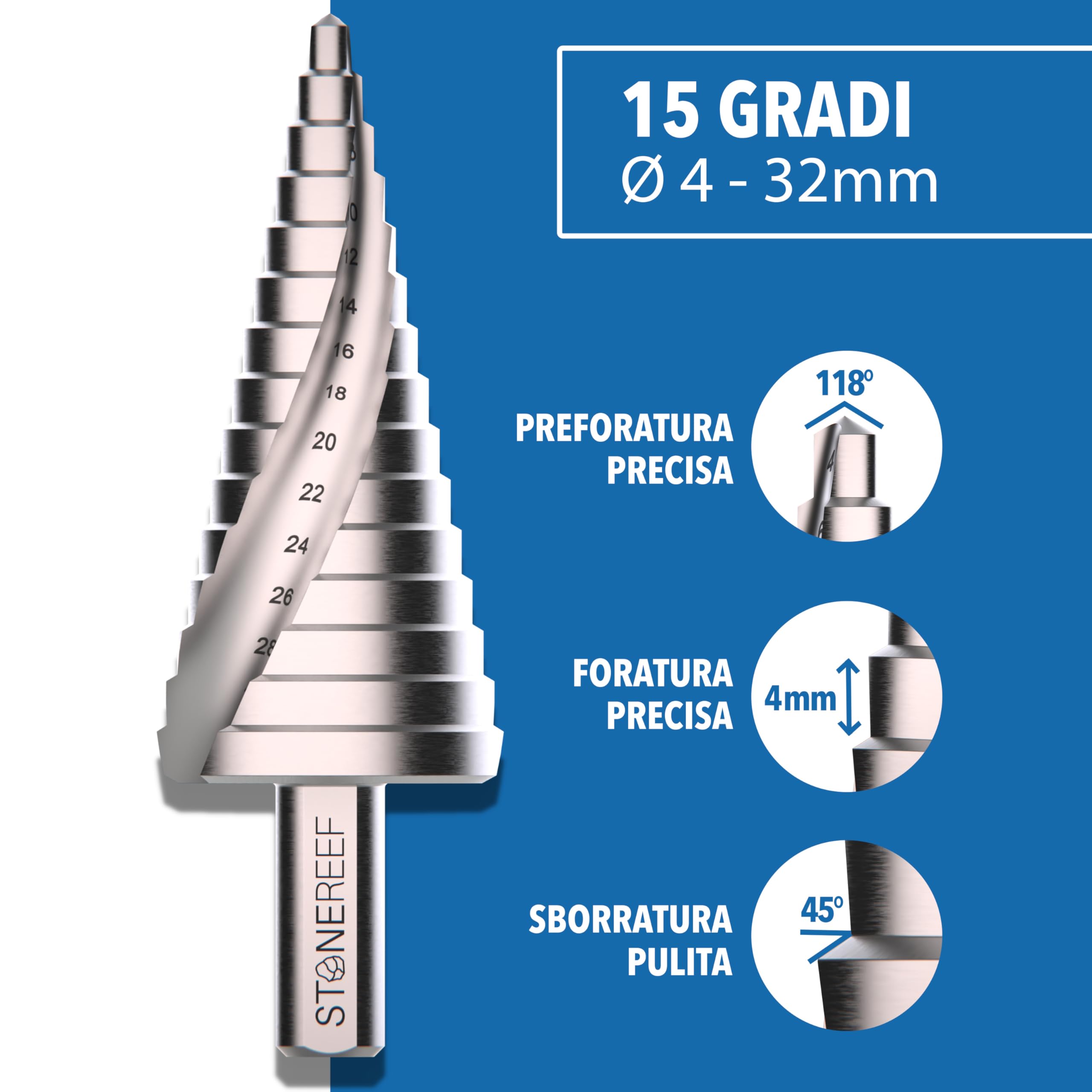 Trapano a gradini professionali in acciaio HSS – [15 gradini | Ø 4 – 32 mm] – Punta conica, pelapatate, metallo, trapani a buca, punte per lamiera, fresa, fresa a fori