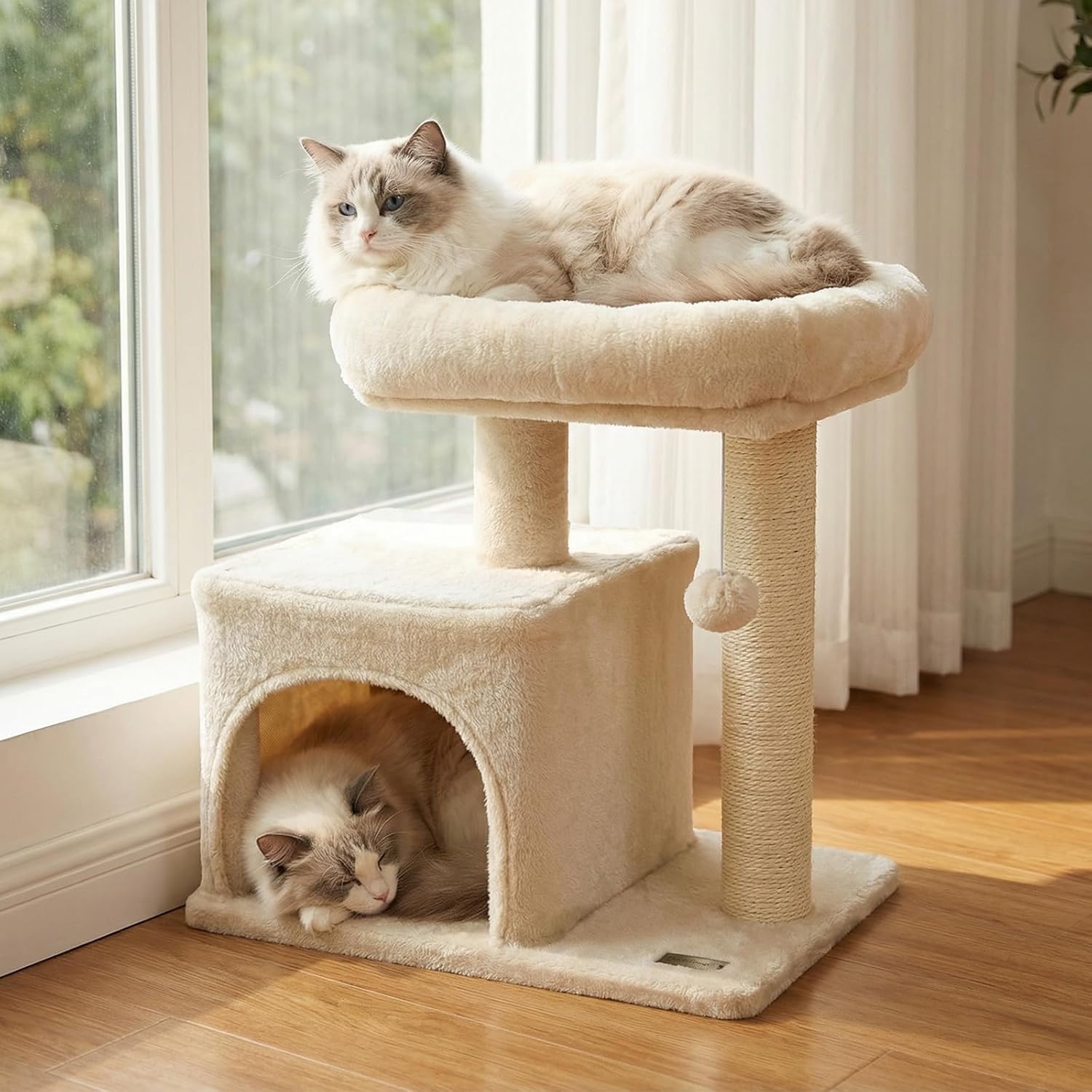 PETSITE 19.5-inch Small Cat Tree, with Sisal Scratching Post, Interactive Hanging Ball, Comfy Condo, and Spacious Top Perch, Ideal for Indoor Cats and Kittens (Beige)