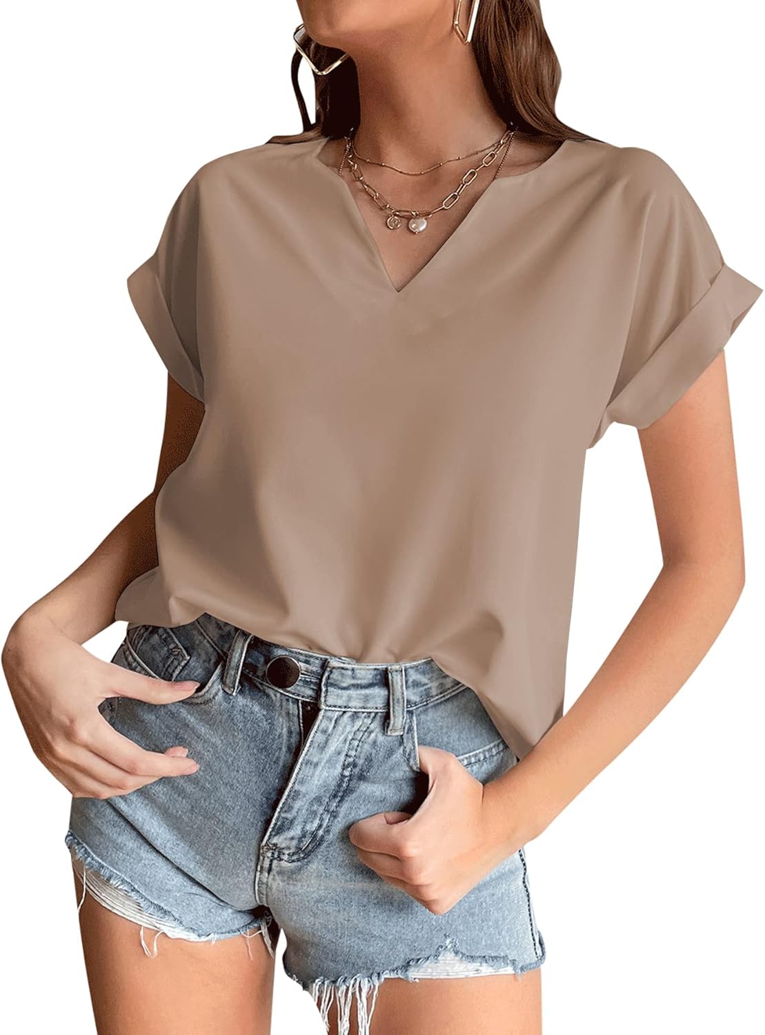 LYANER Women's Casual Notched V Neck Rolled Short Sleeve Work Blouse T-Shirt Top - Image 3