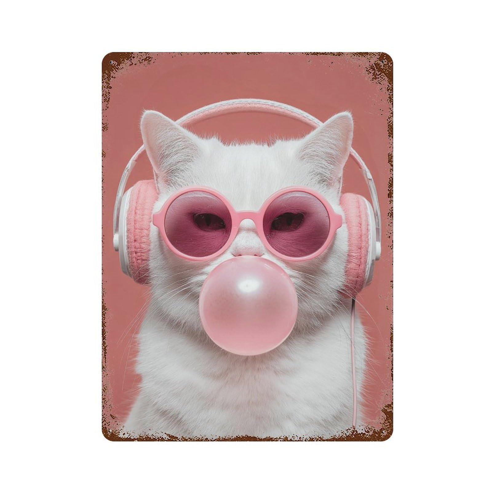 Garage Style Chill Cat with Bubble Gum Rustic Tin Plaque 15.7"x11.8", Vintage Wall Decor for Bar And Workshop