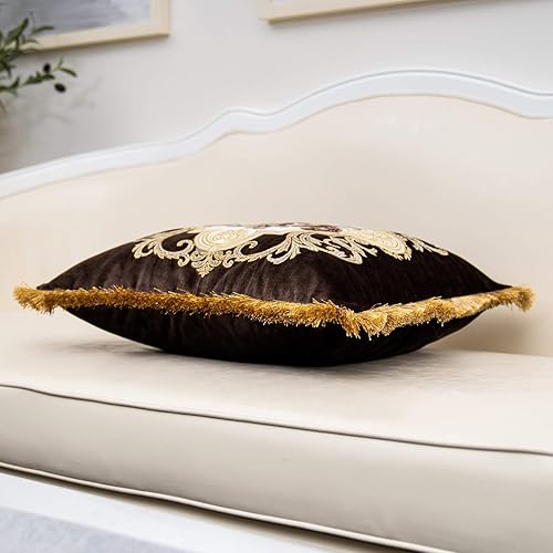 Miniatura 4 de Alerfa Funda de cojín de 20 x 20 pulgadas con diseño de rosas marrones, de terciopelo europeo, con borlas, para sofá, sala de estar, dormitorio,