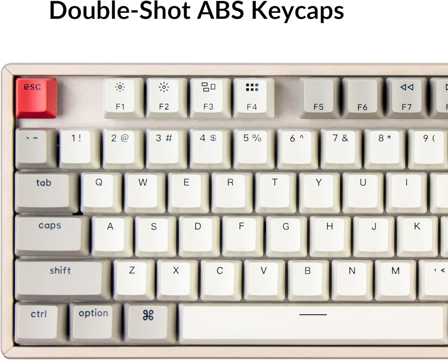 Close-up of Keychron K8 keycaps with 'Double-Shot ABS Keycaps' text.