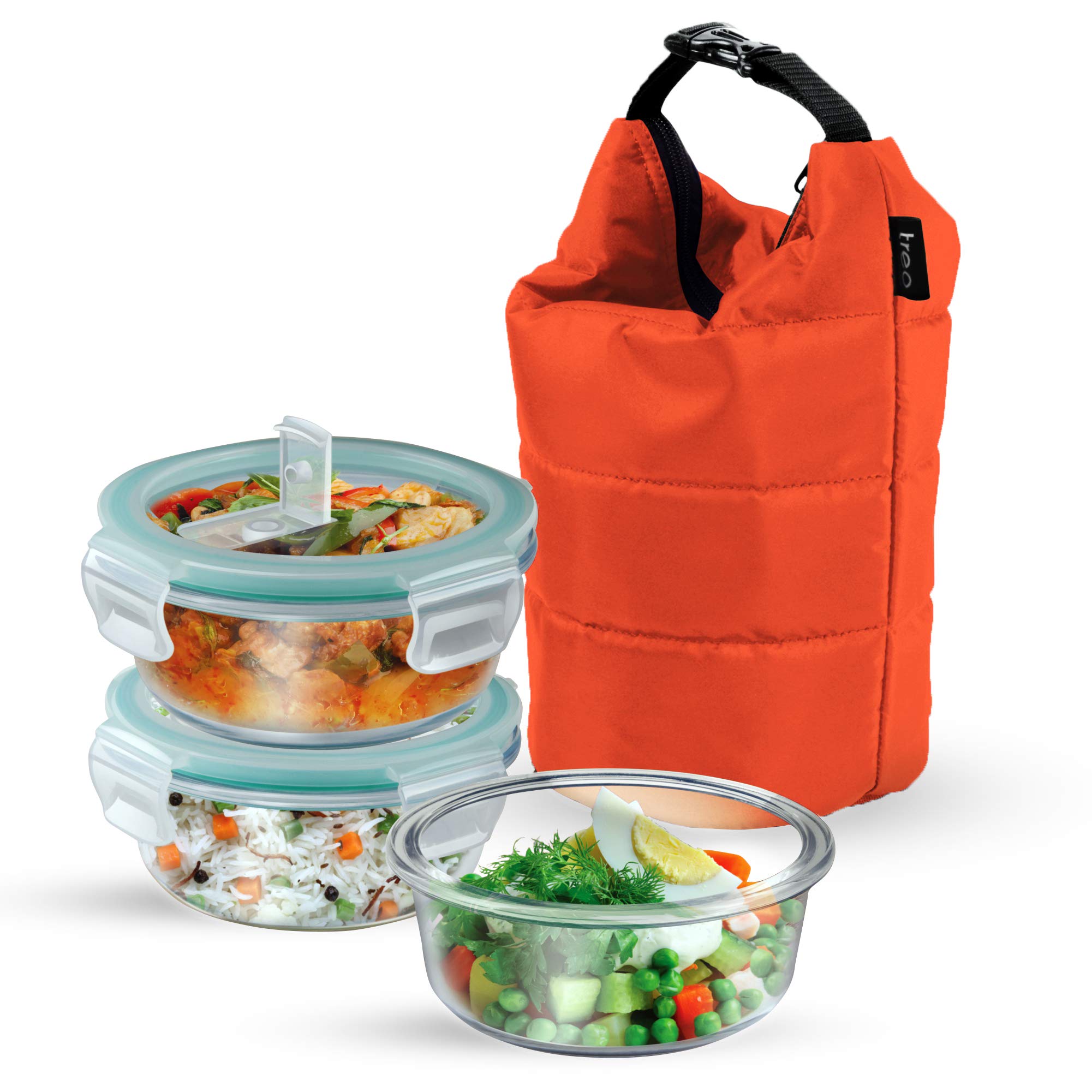 Treo by Milton Swag Borosilicate Round Tiffin Box, 380 ml, Set of 3, Orange Jacket