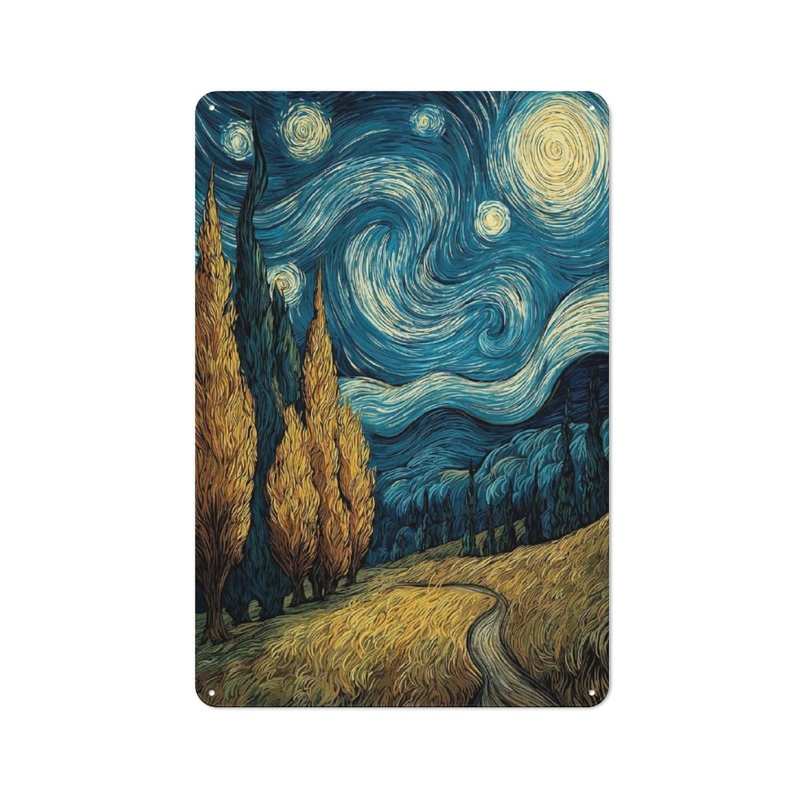 Junmoney Style-19 Kitchen Metal Sign With Starry Night Inspired Landscape Painting Design 30X20cm, Cosy Kitchen Wall Decor For Coffee Bar, Kitchen, Bistro Or Tea Corner
