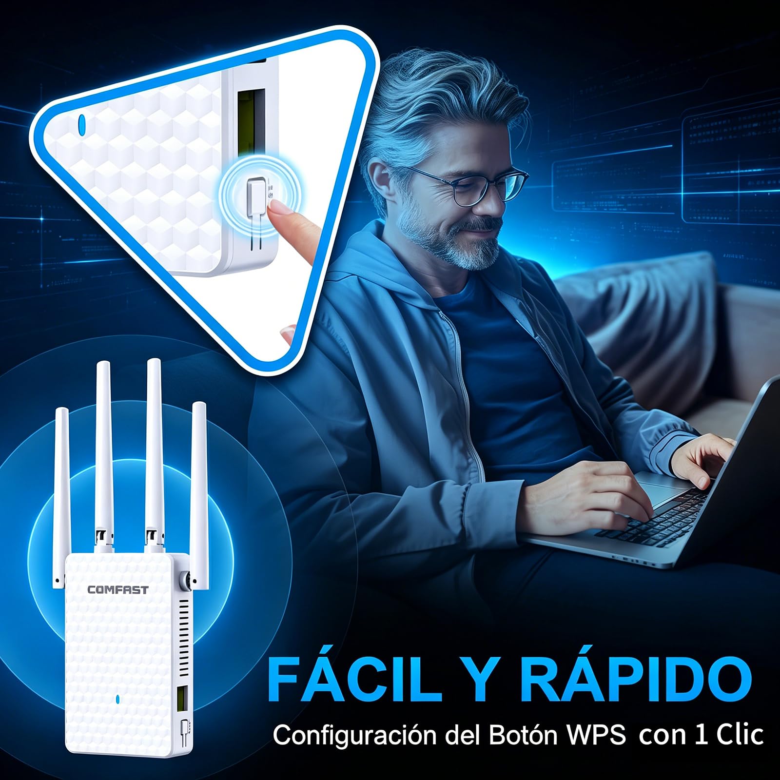 COMFAST Repetidor WiFi, AC1200M Amplificador Señal WiFi, 2.4/5 GHz Amplificador WiFi Potente con Puerto Ethernet, 4 Antenas Externas, Extensor de WiFi para Casa y Oficina, WPS, Repetidor/Router/Ap