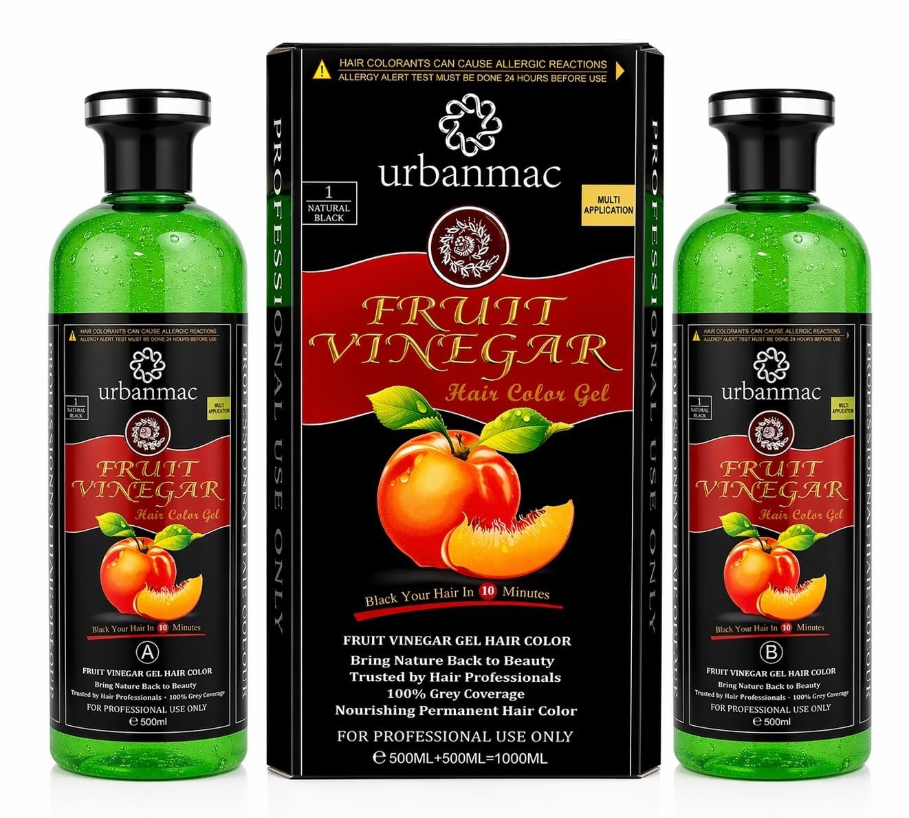 URBANMAC Fruit Vinegar Gel Hair Color Natural Hair Color Dye for Black Hair Dye (BLACK, Dye(500ml x 2 PACK OF 2))
