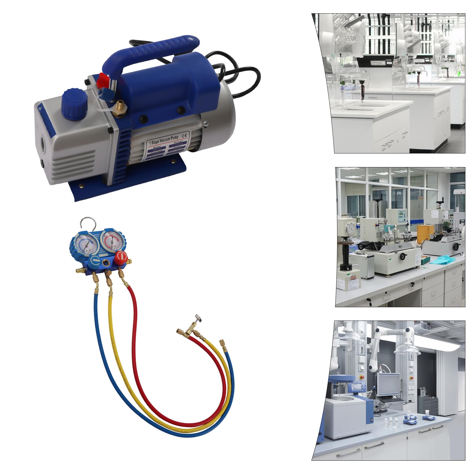 Vakuumpumpe Klimaanlage 180W, Profi Vakuumpumpe Set mit 3 Schläuchen und Manometer, 150 Mikron für R134a R410a, 1 4 Zoll Anschluss, Ideal als Unterdruckpumpe für Kfz und Klimaservice