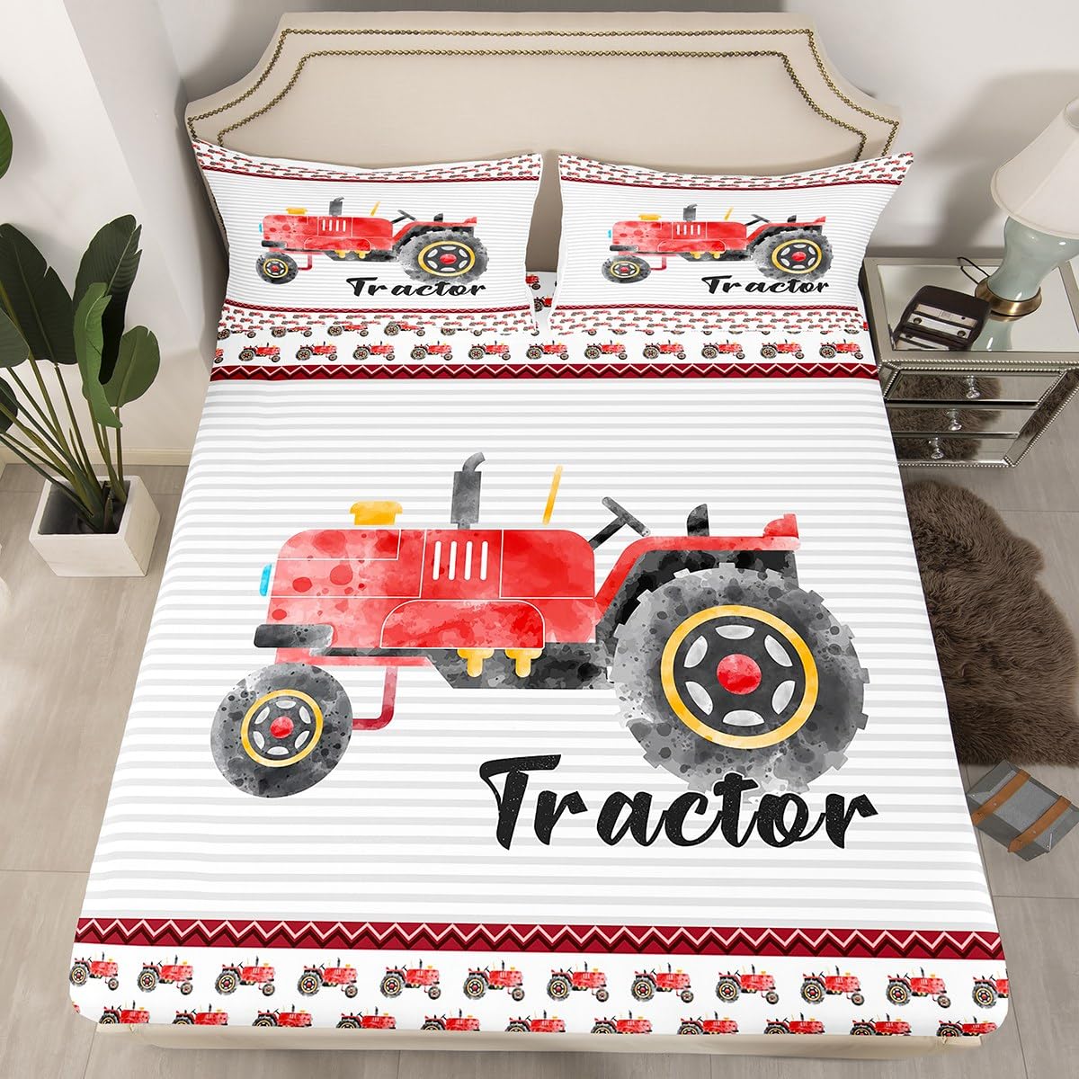 Manfei Red Tractor Kids Fitted Sheet Single Size, Cartoon Truck Grey Stripes Bedding Set for Boys Girls Adults Bedroom Decor, Construction Bed Cover with 1 Pillowcase, Soft Polyester Bedding