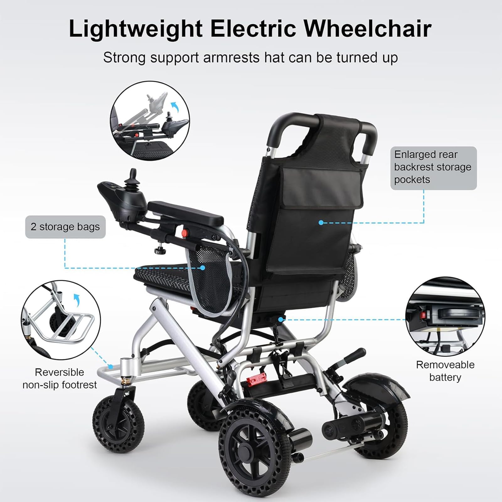 Silla de ruedas eléctrica ligera, silla de ruedas plegable compacta de aluminio para viajes y tránsito, solución de movilidad ideal para un fácil transporte
