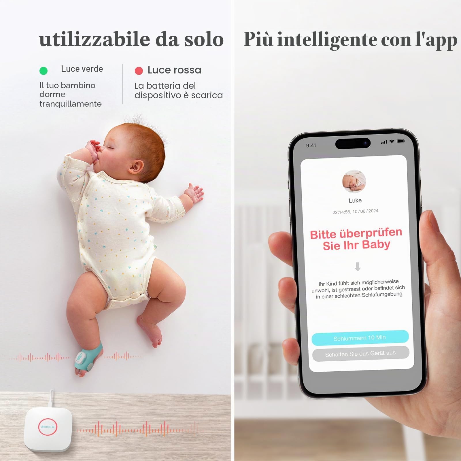 Sense-U Smart Socket (lungo) Baby Monitor con indicatore di sonno e notifiche, monitora la frequenza cardiaca e il movimento per la tranquillità, il monitor del piede