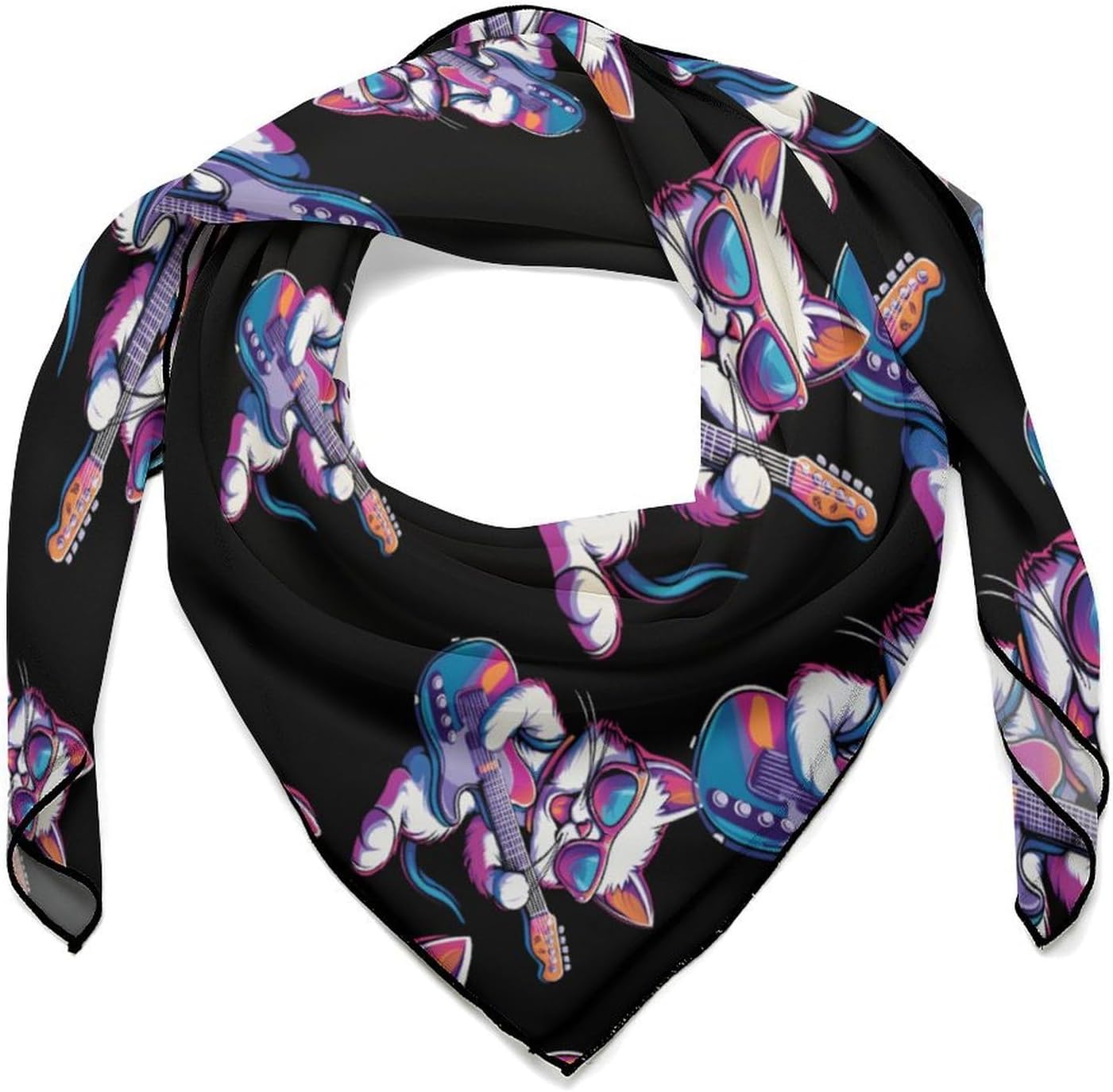 Rock Cat Playing Guitar Bandana Fashion Head Scarf Square Silk Scarf Print Neck Hair Scarfs for Women Men Gifts