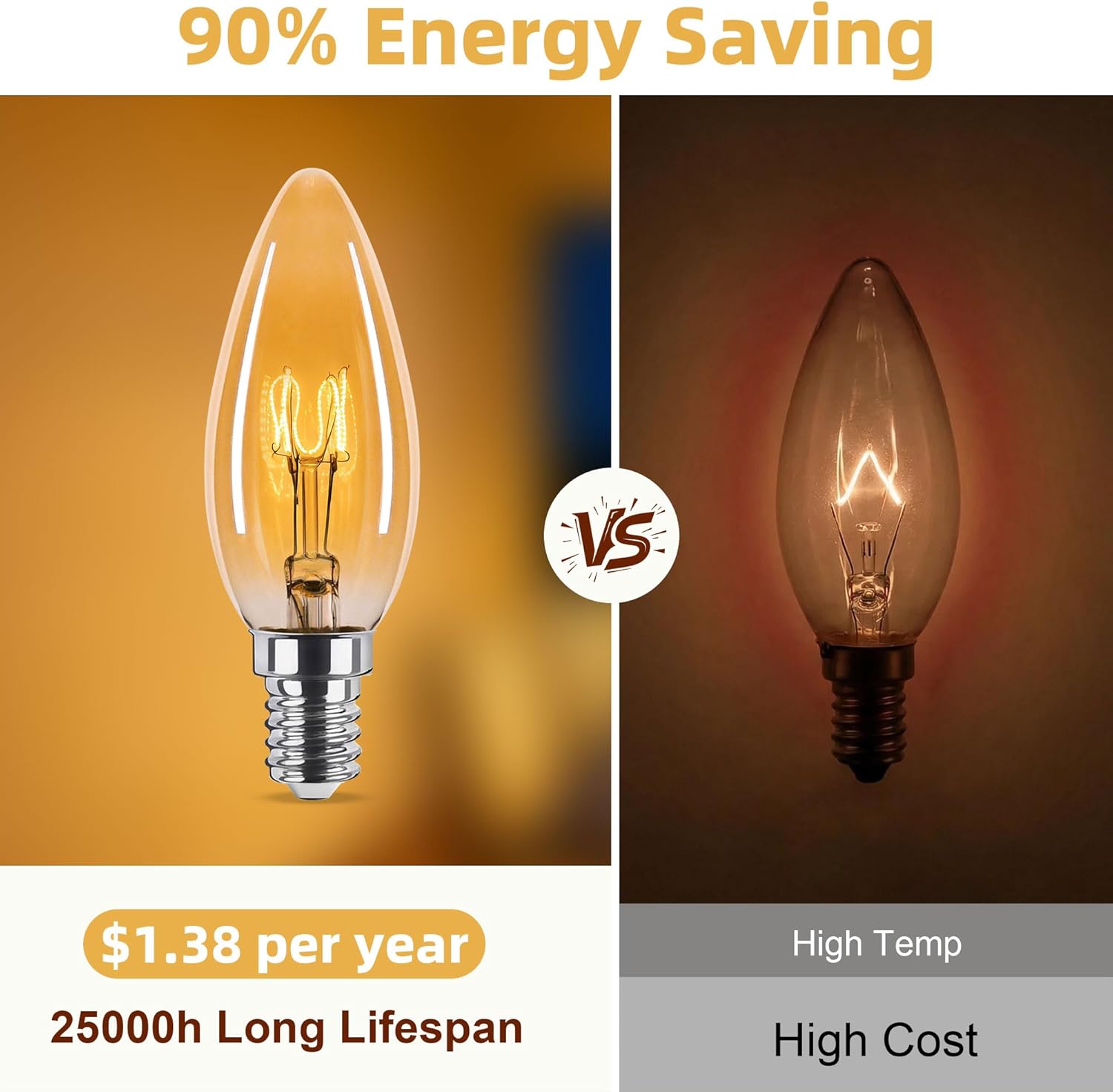 Amber Candelabra Light Bulbs 40watt Equivalent, 4W Ultra-Fine LED Filament E12 Small Base, Dimmable 2000k Warm Light, Candle Shape Chandelier Light Bulbs for Ceiling Fan,Chandelier, 6 Pack