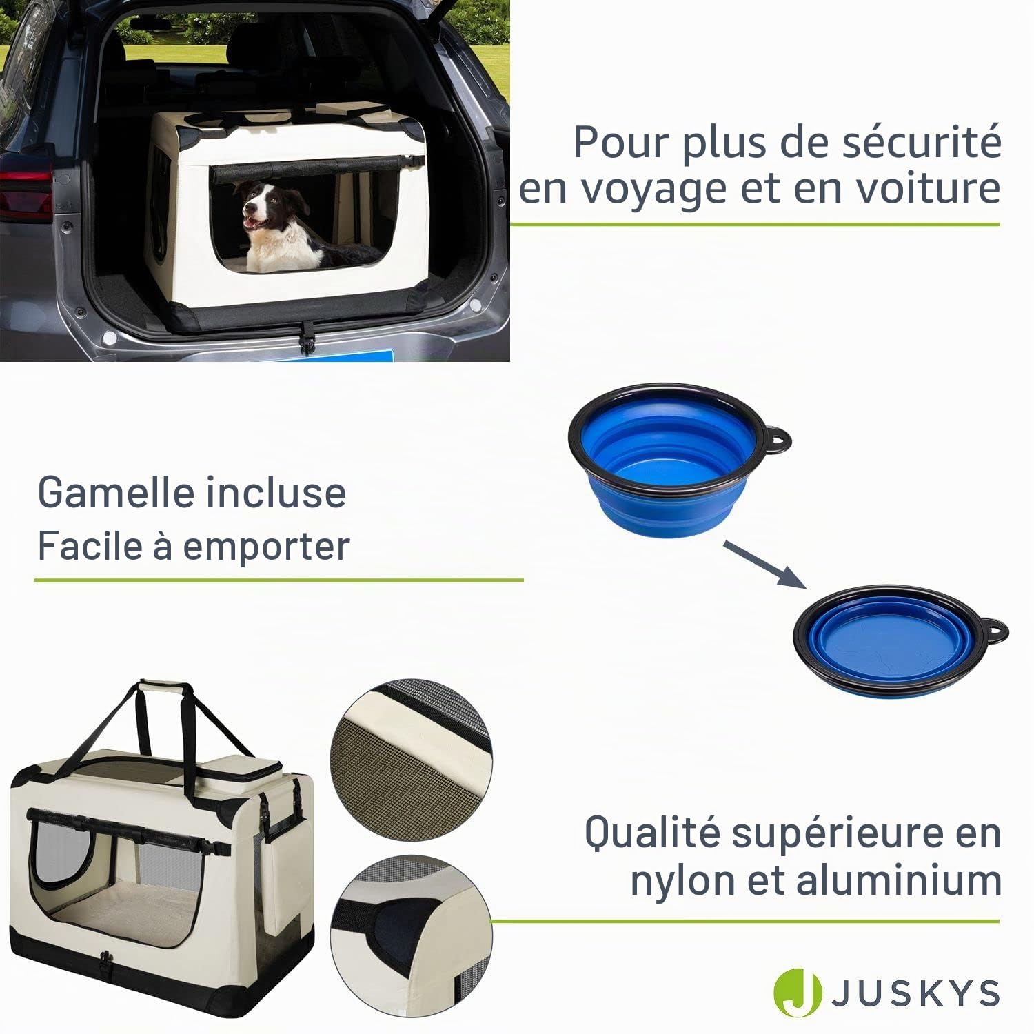 Juskys Caisse de Transport Pliable pour Chiens Lassie XL (Beige) - 58 x 82 x 58 cm - Avec Couverture, Poche & Poignées - En Tissu