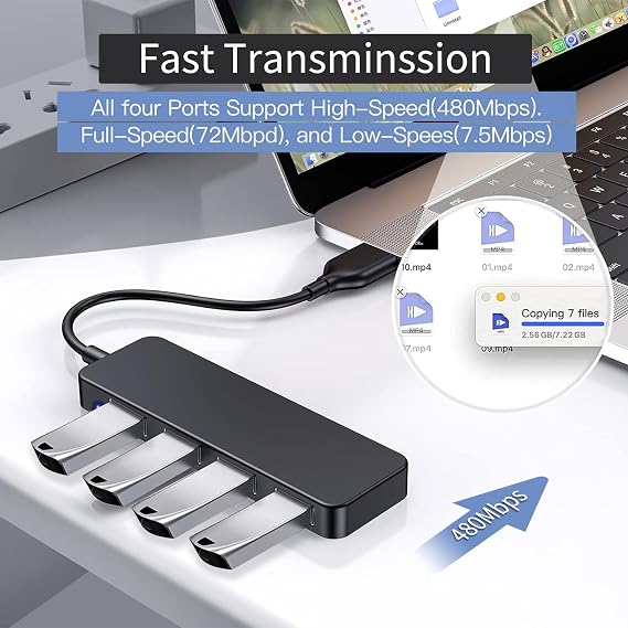 4-Port Ultra-Thin Portable USB 2.0 Hub, Multi-USB Port Extender