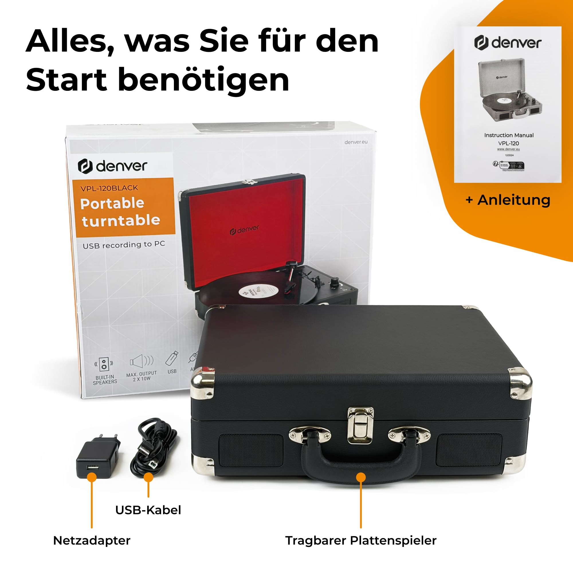 Denver VPL-120B Kofferplattenspieler Schwarz – Retro Plattenspieler mit Lautsprecher, USB Vinyl Player zum Digitalisieren, Auto-Stopp, Schallplattenspieler Vintage mit RCA-Ausgang