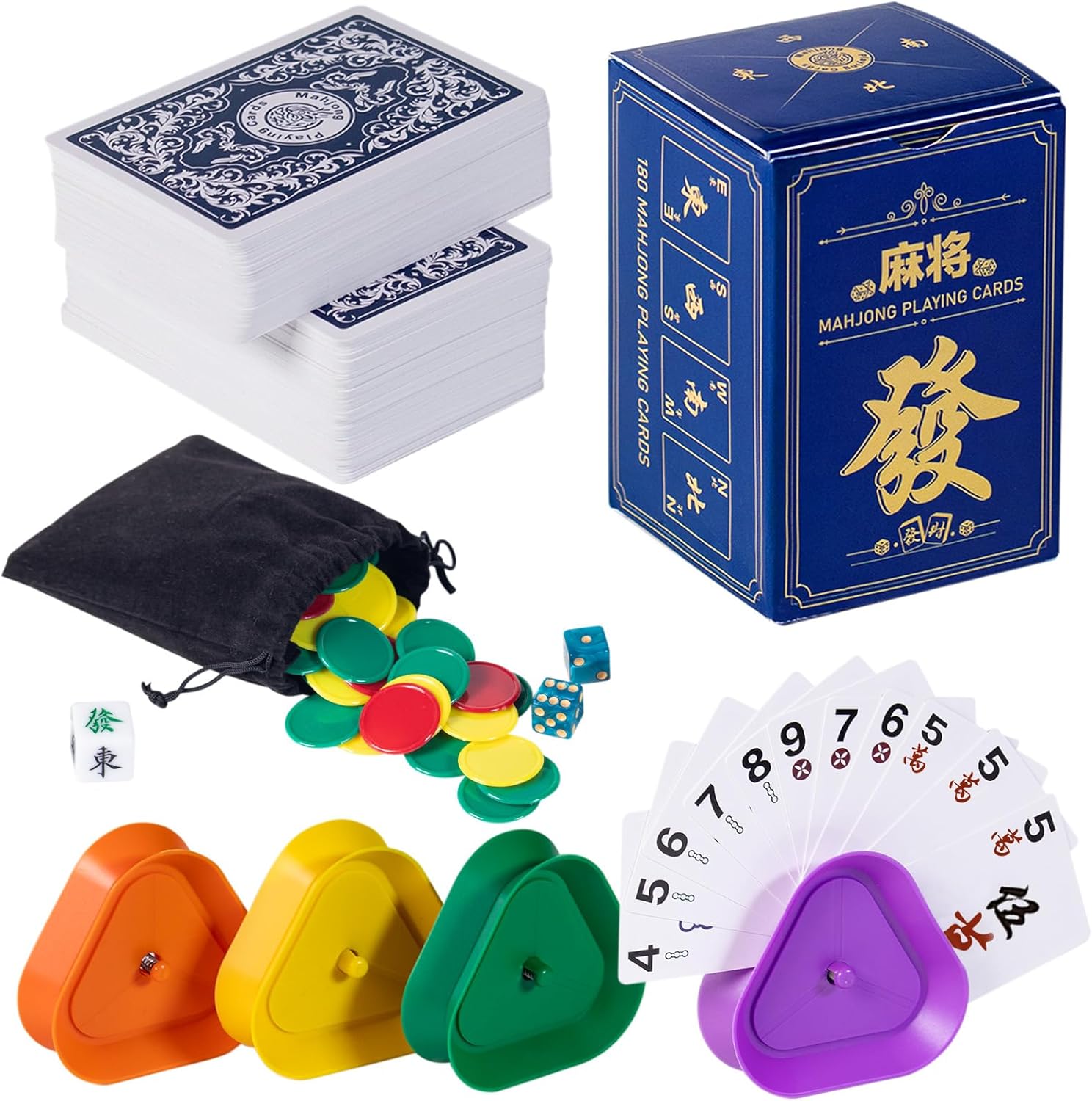 180-Piece Mahjong Playing Cards,American & Chinese Combinations,Includes 4 Playing Card Holder,2 Dice,1 Wind Indicator,105 Chips,1 Storage Bag (with Accessories)
