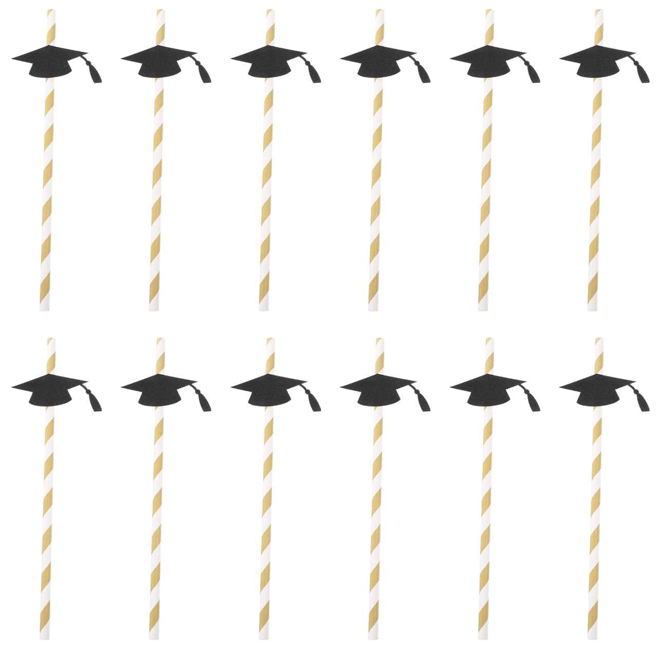 12 pitillos flexibles de papel para graduación negro y dorado miniatura 7