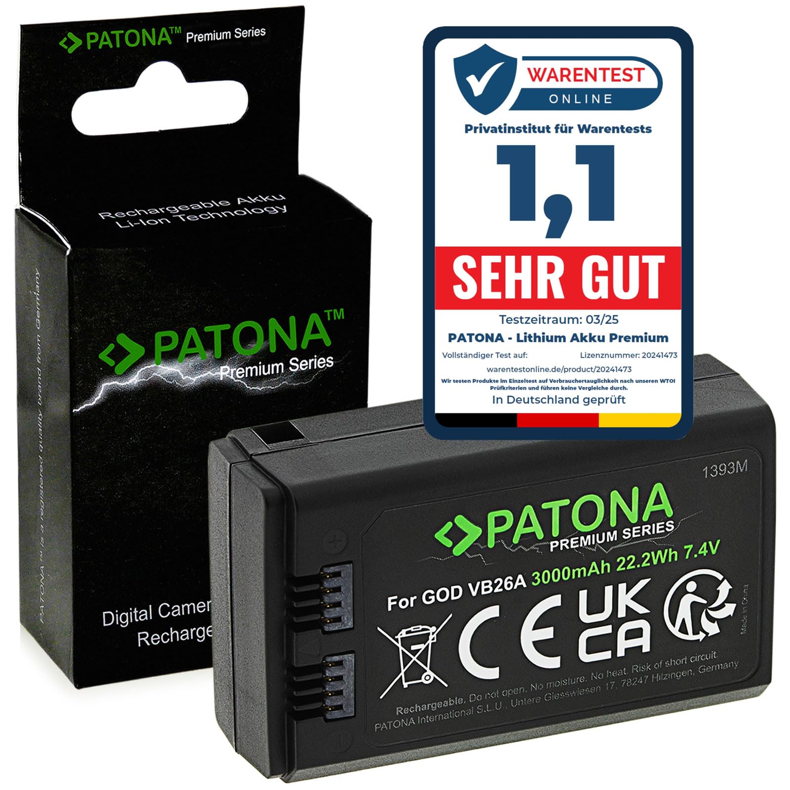 PATONA Premium Batteria VB26 3000mAh (7,4V / 22,2Wh) – ricambio per Godox VB26/VB26A/VB26B – compatibile con flash Godox V1 V860III V850III AD100Pro – per fotografi di eventi