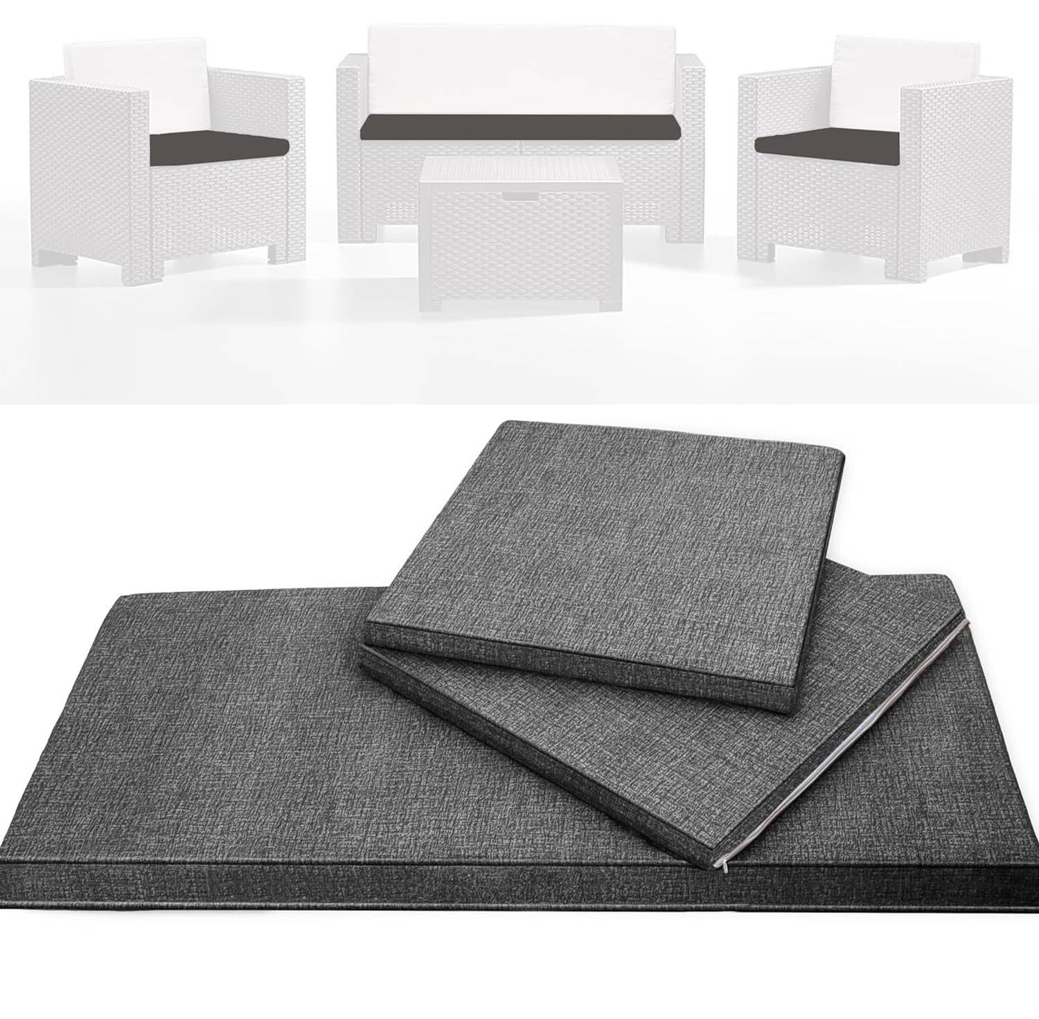 HAND Tris di Cuscini da Esterno Sfoderabili per Poltrone e Divanetto, Cuscini Esterno Giardino Set da 3 PZ, per Poltrona, Salotto, SALOTTINO, Rattan/MIDOLLINO in Cotone, Made in Italy (Antracite)