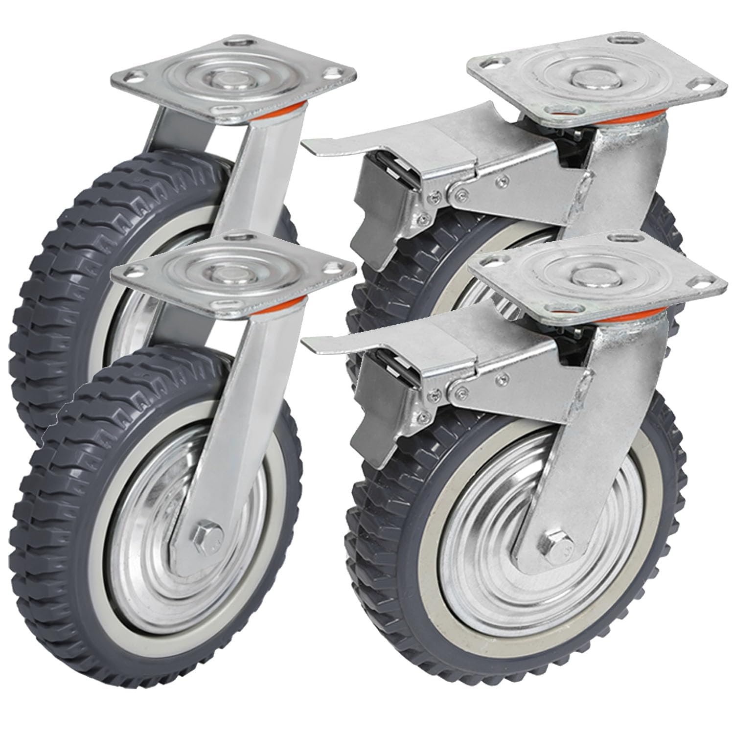 Pack of 4 Heavy Duty Industrial Swivel Castor Wheels with 2 Brakes - 200mm up to 1000KG - No Floor Marks Silent 360° Transport Caster for Furniture - Rubbered Trolley Wheels – 8” Grey Castors