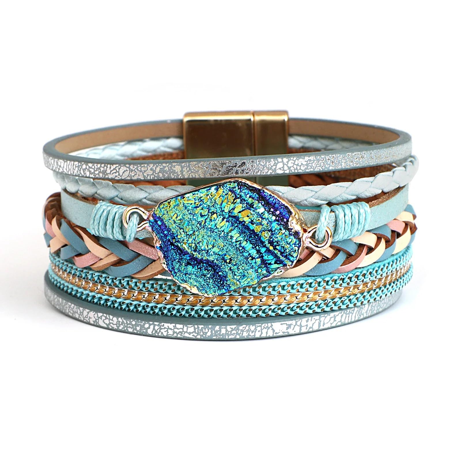 Fesciory Leather Wrap Bracelet for Women, Boho Western Layered Cuff Jewelry | Stackable Bracelets, Easy-On Clasp, Daily Wear, Pairs with Boho Western Outfits, Gift for Women