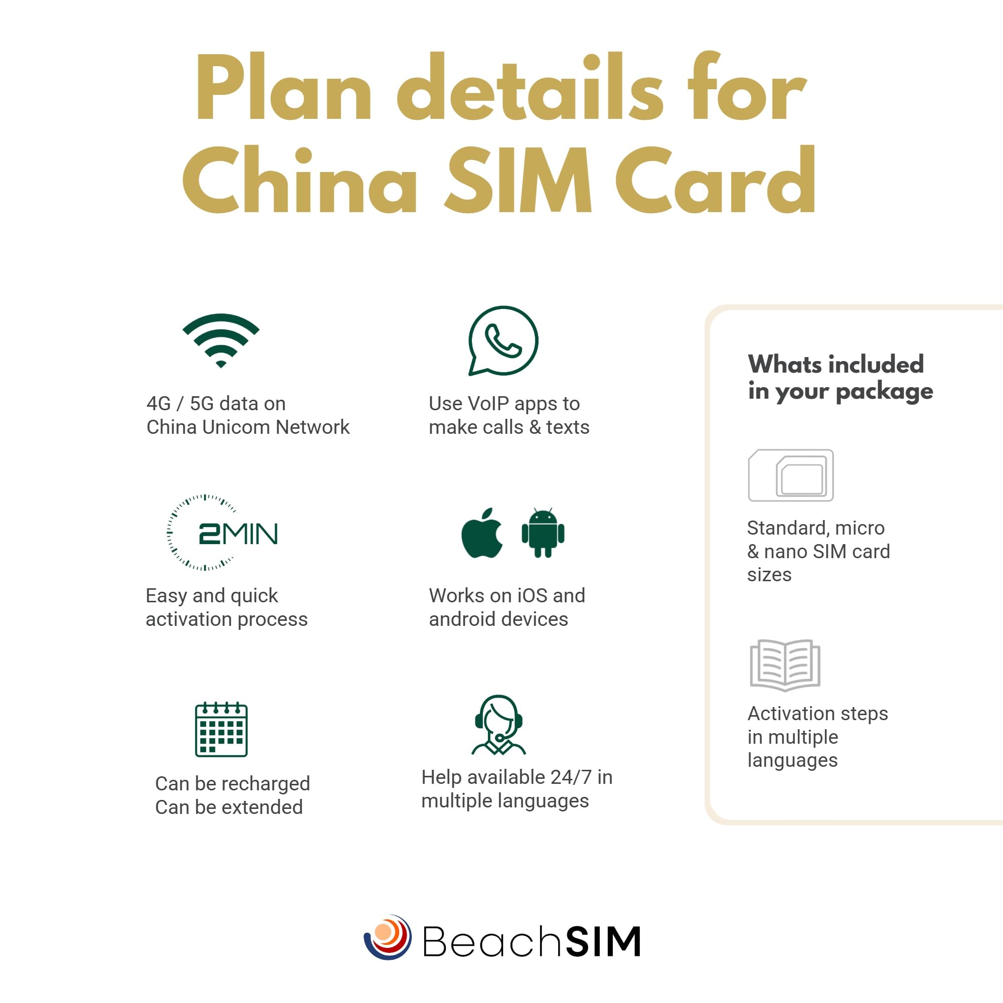 China SIM Karte 10GB 30 Tage. Uneingeschränkter Internetzugang für Google und Whatsapp; kein VPN erforderlich. 4G/5G-Netz. Nur Datennutzung. Funktioniert auf iOS- und Android-Geräten.