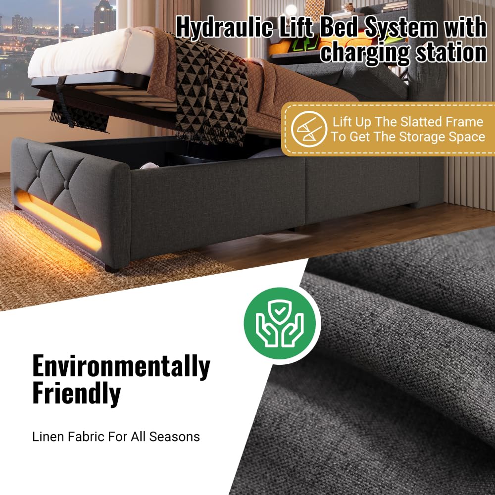 Seyakany Lit Coffre 180 X 200 Avec Ports USB Et Type-C Et éclairage LED, Cadre De Lit Capitonné,tête Avec Rangement,lit Double Avec Rangement,2 Personnes Avec Rangement,Lin (Matelas Non Inclus