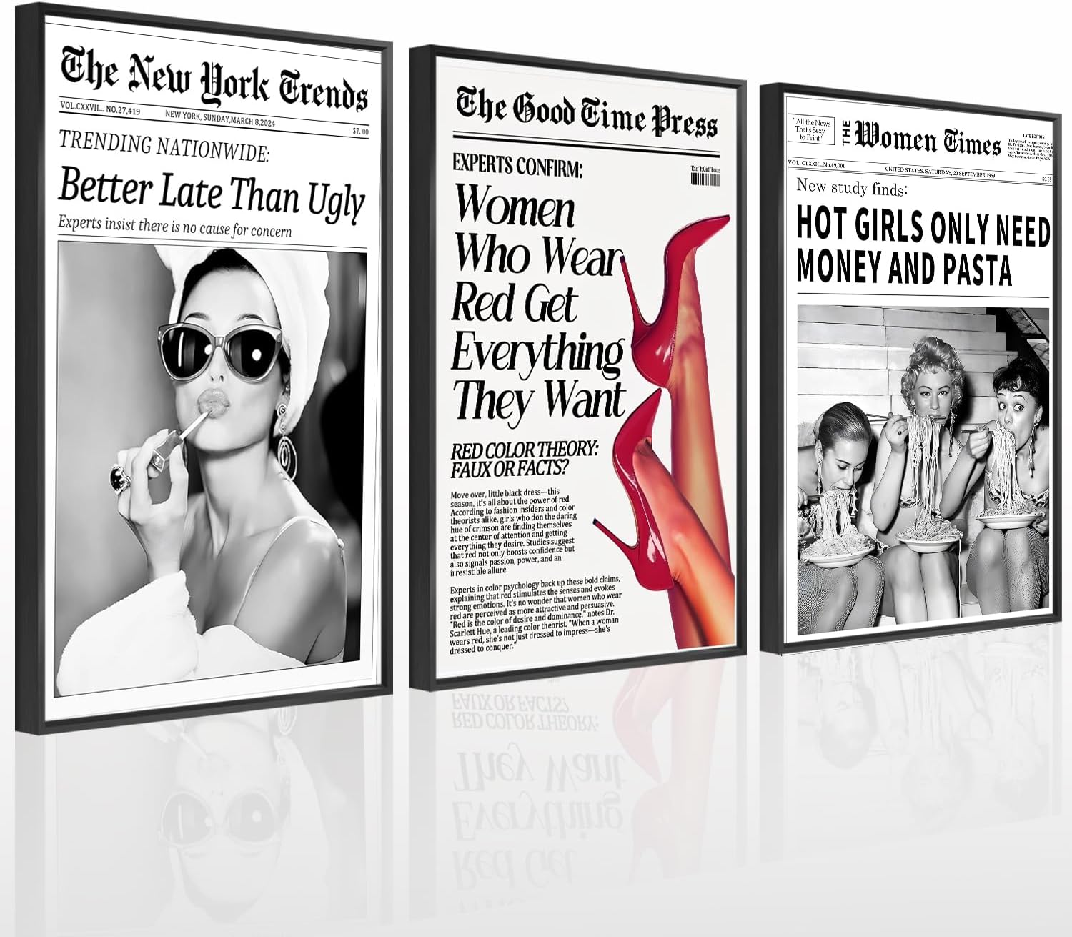 ZXDZSM 3 Pcs New York Trends Wall Art (16x24inch,Unframed) - Black and White Newspaper - Better Late Than Ugly Poster Canvas Prints - Funky Vintage Posters - Girl Dorm Room Bathroom Decorative