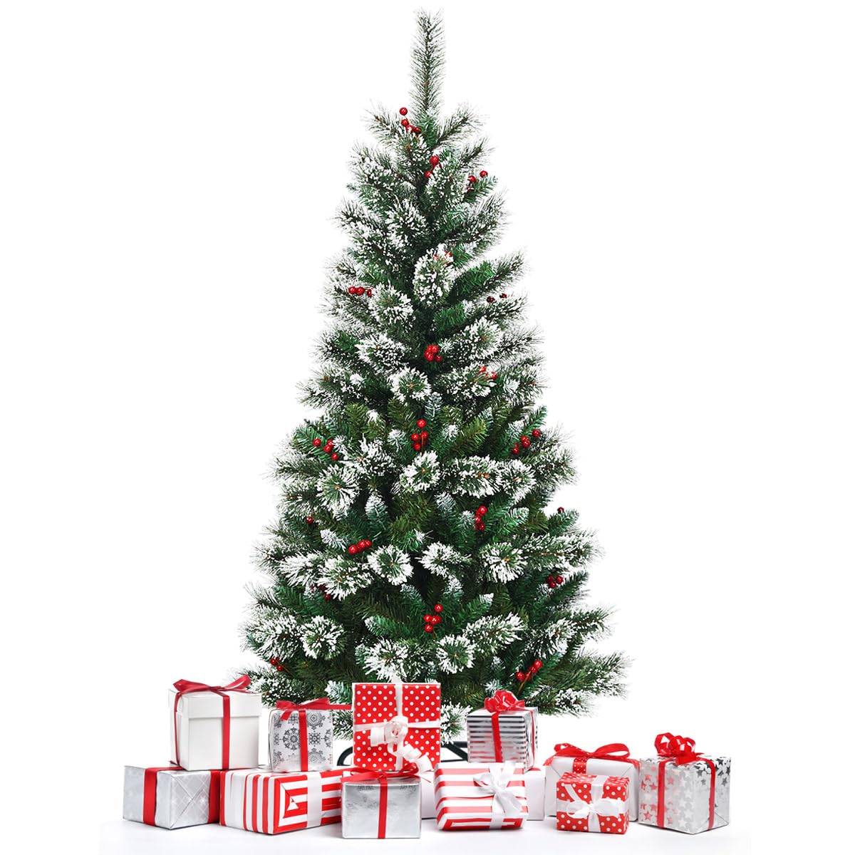 KOMFOTTEU 150 cm Arbre de Noël Artificiel, Neigeux avec Pommes de Pin | Sapin de Noël à Ouverture automatique avec Base en métal, Arbre de Décoration de Noël en PVC