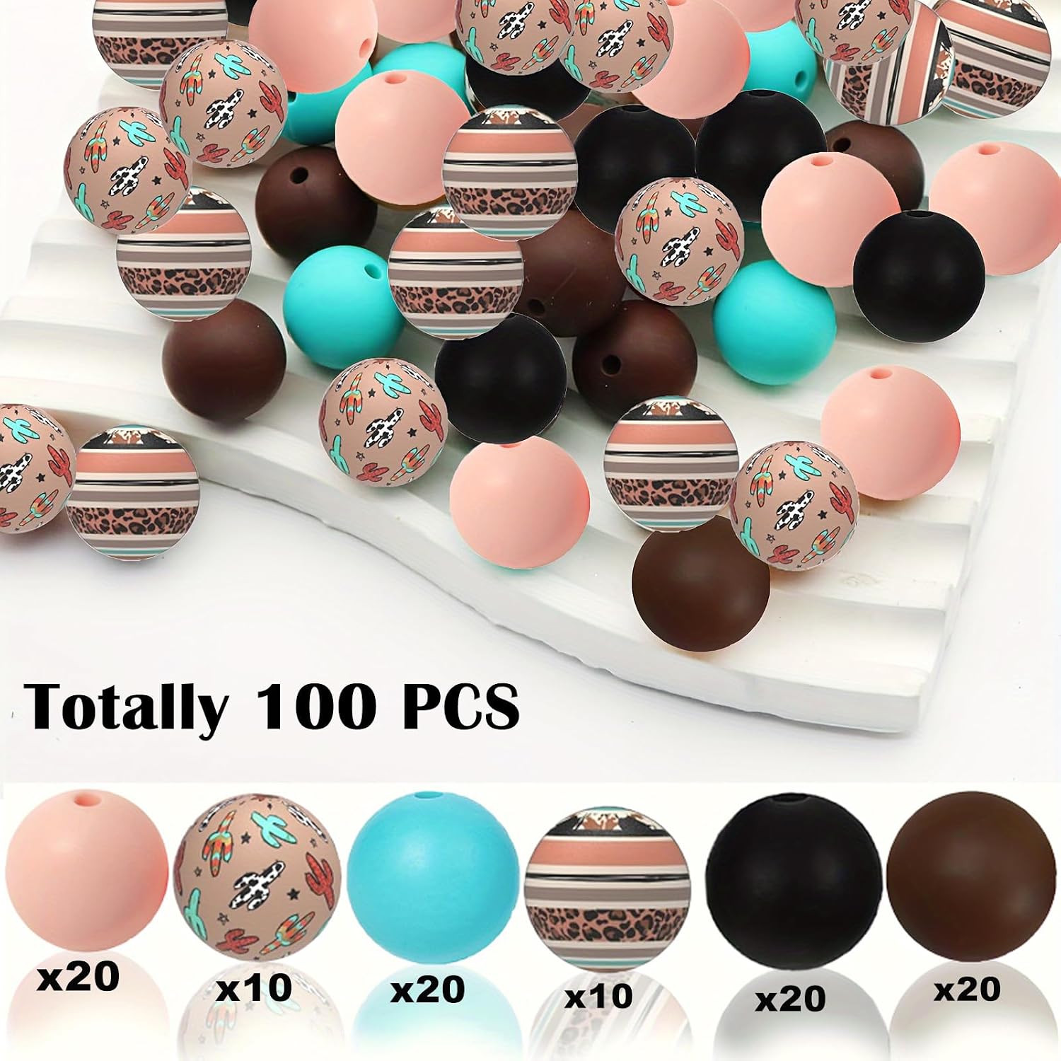 100 Pieces of Retro Cactus, Stripe and Leopard Print Beads – 15mm Silicone Round Beads in Various Styles, Suitable for DIY Making of Beaded pens, Keychains, Jewelry, Home Decorations and Crafts. image 2