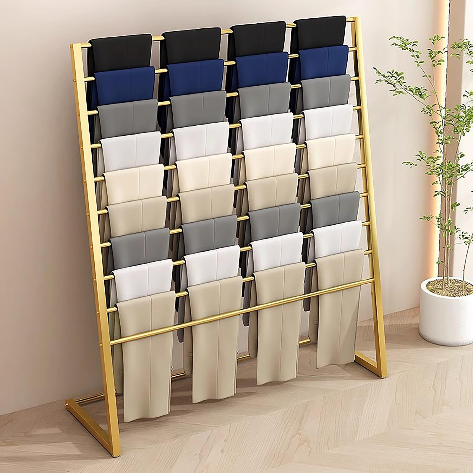 Espositore a 10 ripiani in metallo per carta da regalo e sciarpe, organizer versatile per vestiti, coperte, asciugamani, elegante finitura dorata (120 x 40 x 145 cm)