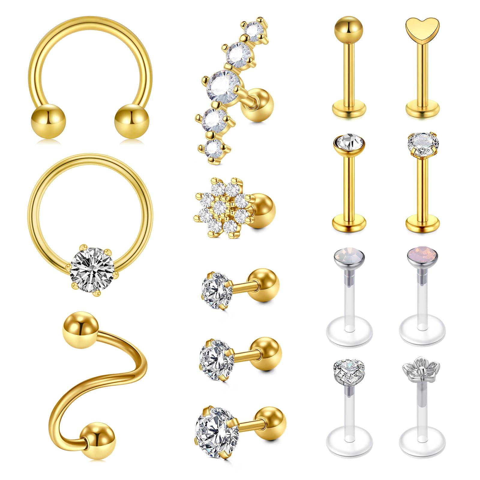 Rajnard Tragus Piercing Helix Piercing Chirurgenstahl Knorpel Ohrpiercing Ohrstecker Ohrring 16G CZ Barbell Piercing Labret Monroe Schmuck Damen Männer