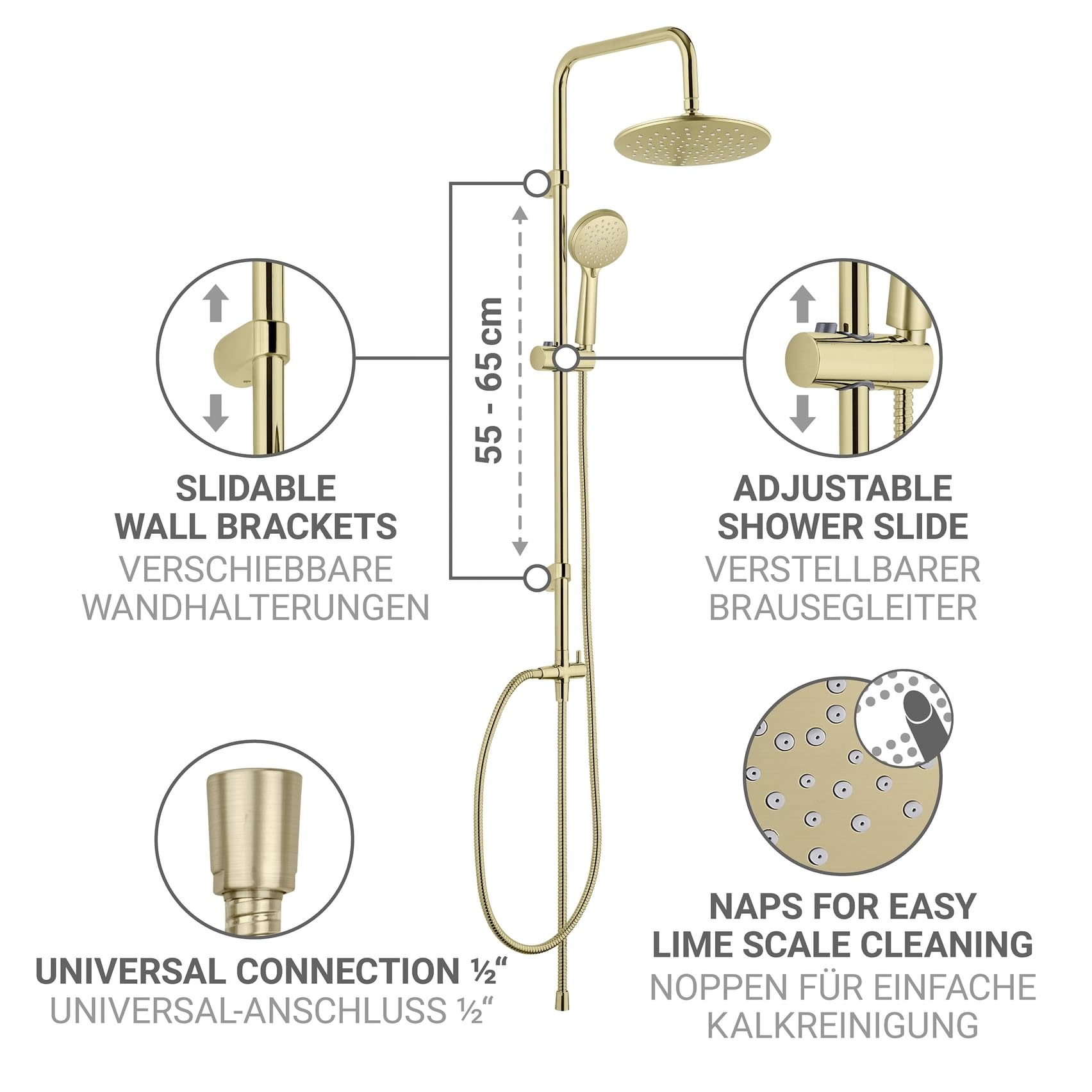 WENKO Duschsystem Mod. Young Line - Regenduschkopf und Handbrause mit 3 Funktionen - Edelstahl - Gold
