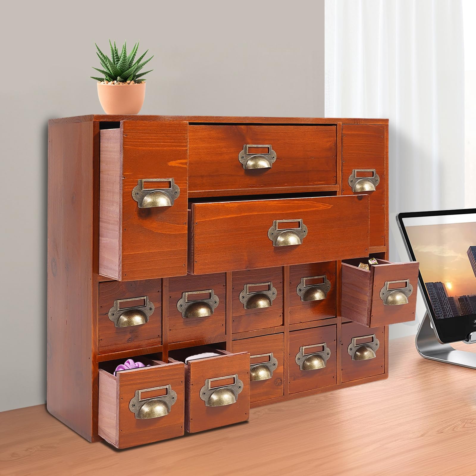 Retro Schubladenbox aus Holz mit 14 Schubladen, Vintage Aufbewahrungskasten für Schreibtisch, Organizer für Büro, Schmuck & Medikamente (53x16x42,4cm)