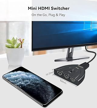 HDMI Switch, GANA 4K HDMI Splitter 3 in 1 Out, 3-Port Switcher Selector with Pigtail HDMI Cable,Supports Full HD 4K 30Hz 1080P 3D Player, Compatible with PS4/3, Xbox, Fire Stick, Roku, PC,TV