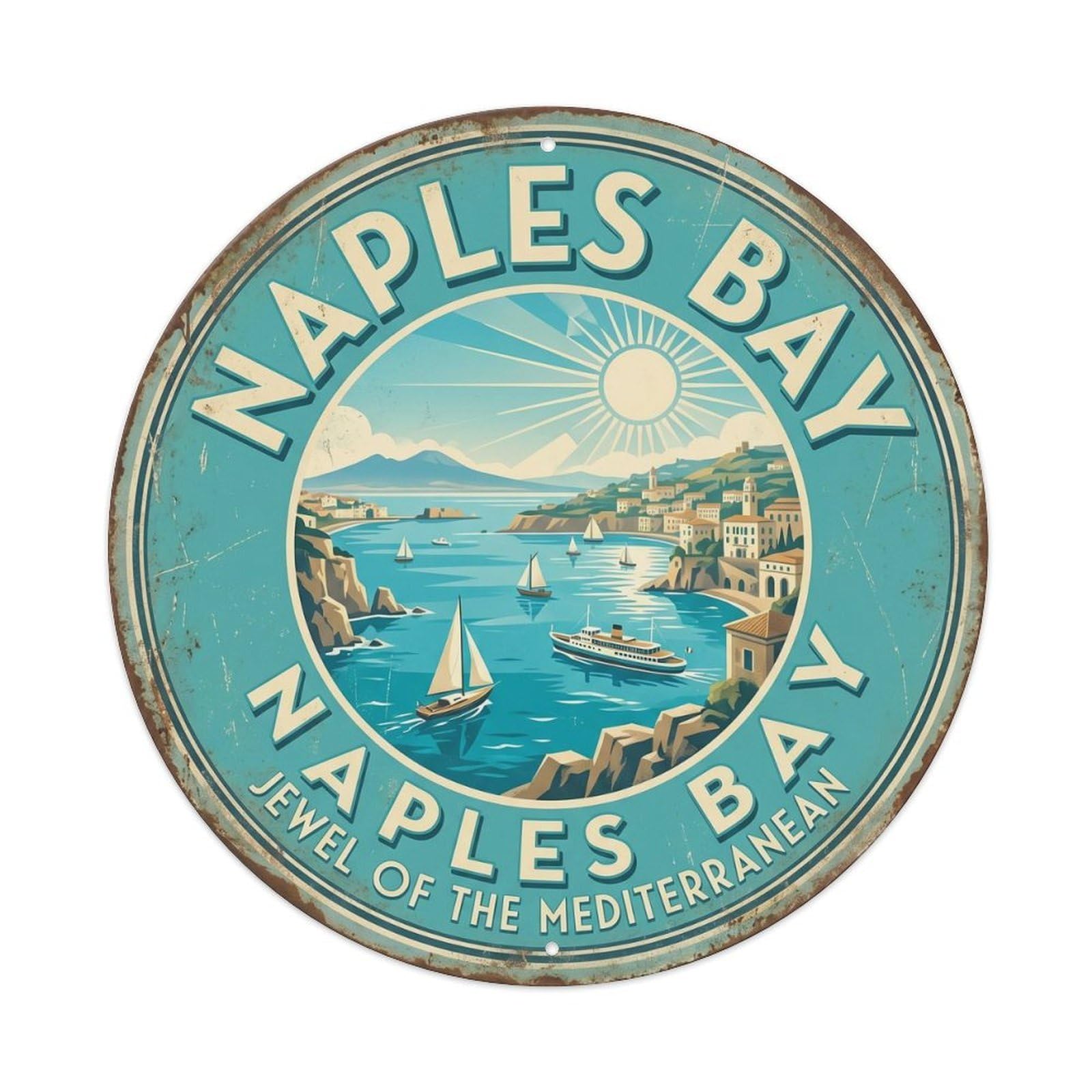 Cmhok Vintage Style Vintage Travel Mediterranean Naples Bay Metal Tin Sign Plaque Wall Decor For Cafe, Club, Garden Round Metal Poster 8X8inch