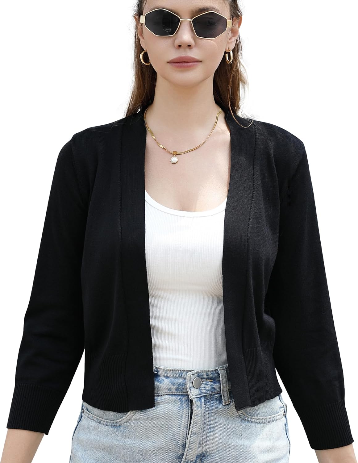 Cropped Cardigan Sweaters for Women, Thin V-Neck White Lightweight Knitted Wool Sweater 3/4 Sleeve Design, Fall top Jacket