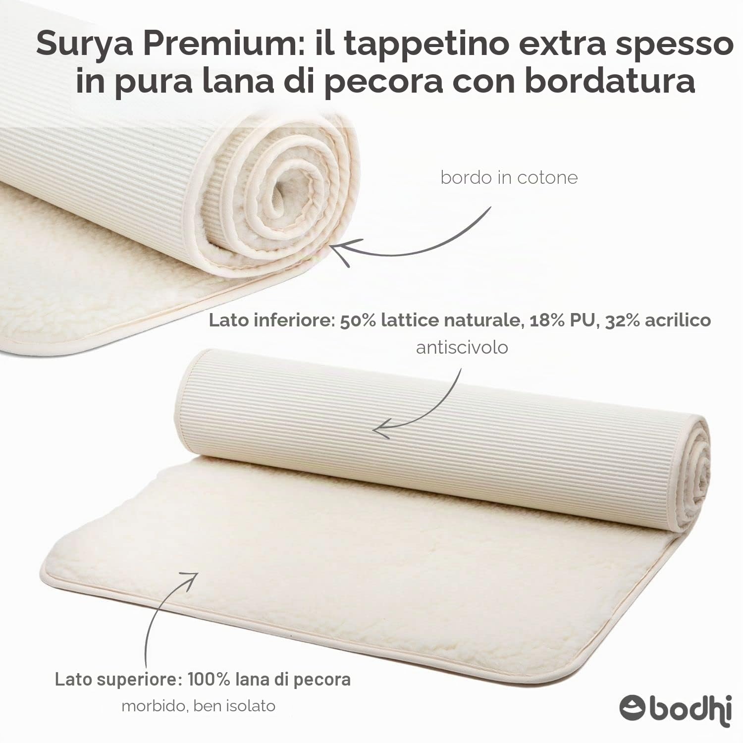 Tappetino da yoga in lana vergine Natura, Surya Premium Matte, antiscivolo, 200 x 75 cm (Alto Flor, 1.500 G/M²), Tappeto in lana vergine