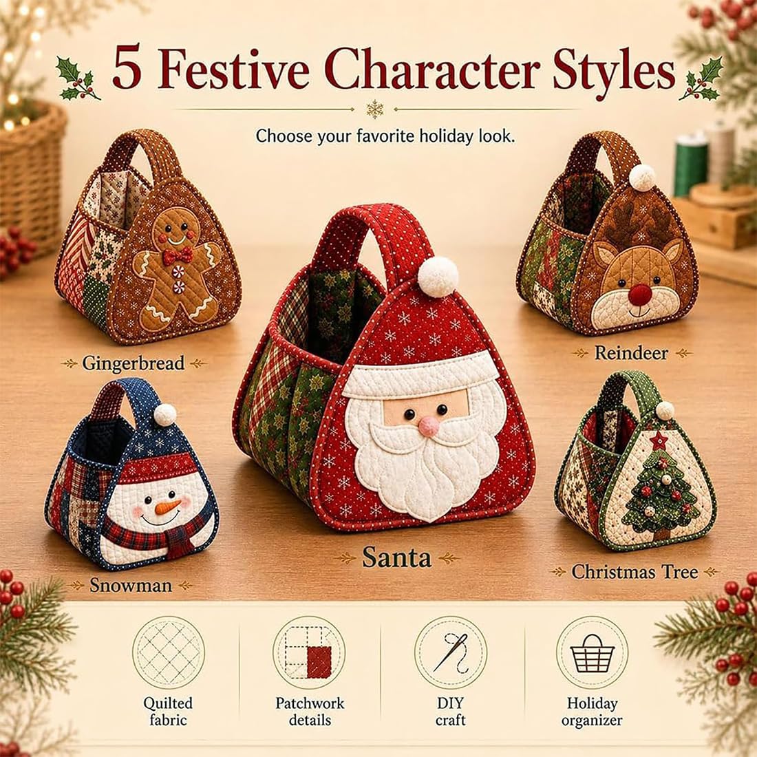 Cesta acolchada navideña, kit de cesta de almacenamiento de tela DIY, adorables personajes navideños, kit de costura DIY para decoración navideña, dulces (Set)