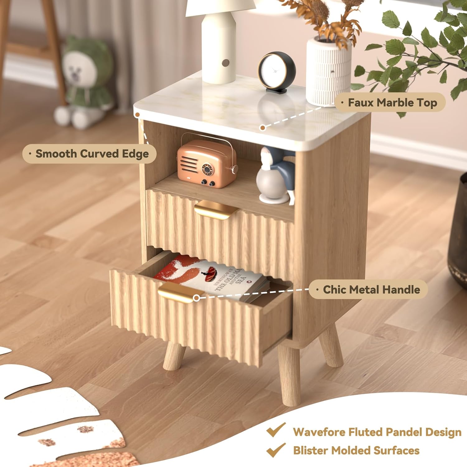 Wooden 23Inch Fluted Nightstand Set of 2, Natural Oak Bedside Table with Drawer and Storage, Wood Mid Century Modern Nightstand with Drawers, Large Night Stand for Bedroom - Image 6