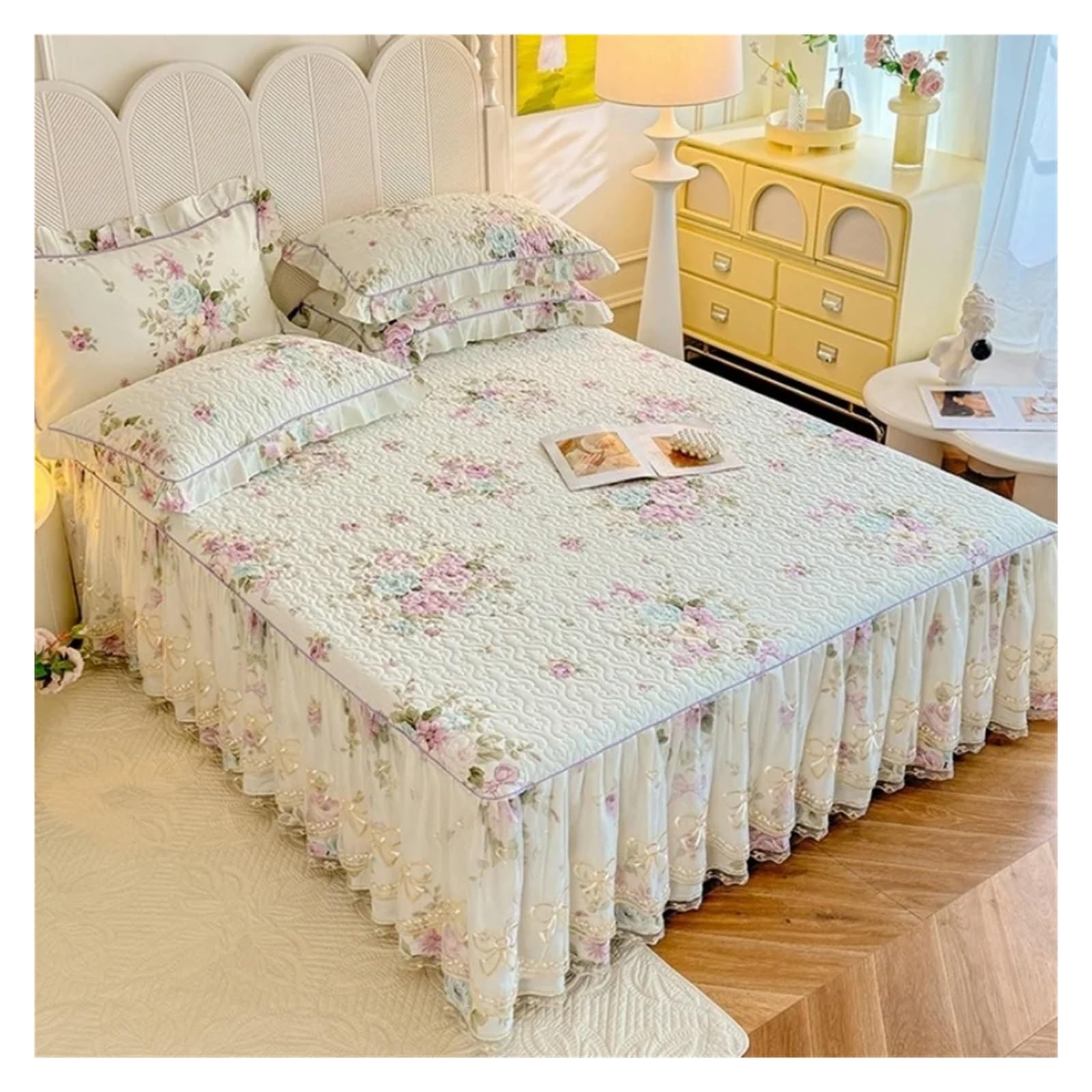 Falda de Cama Impresa Falda de Cama Acolchada Princesa, Funda colchón Gruesa Encaje romántico, Colcha niña con decoración Floral Rosa