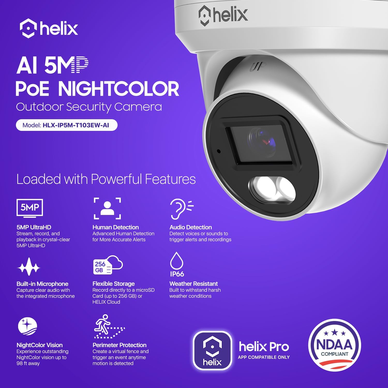 Helix 5MP Security AI IP PoE Camera, 98ft Night Color, Human Detection, NDAA Compliant, Indoor Outdoor Surveillance Turret, Built in Mic, Support 256GB MicroSD, Deterrent, HLX-IP5M-T103EW-AI image 2