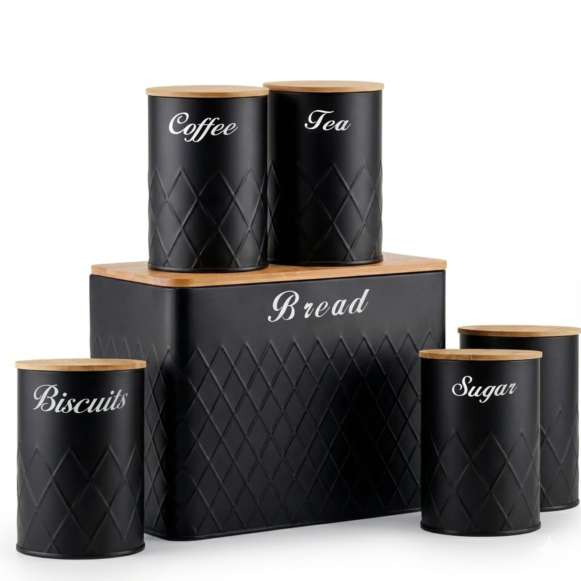 SG Traders 6pc Kitchen Storage Set with Airtight Bamboo Lids Includes Tea Coffee Sugar Nuts with Matching Biscuit Barrel Canister Jar & Stylish Bread Bin – Diamond Embossed Design Matt Finish (Black)
