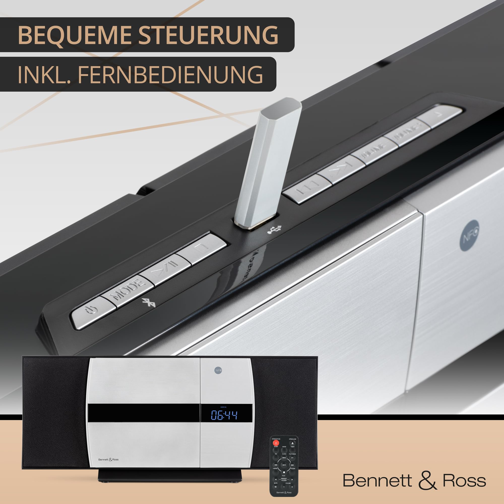 Bennett & Ross Ålesund Vertikal Stereoanlage - HiFi Microanlage mit CD-Player, MP3, UKW-Funktion, USB und Bluetooth mit NFC - Standaufstellung oder Wandmontage - Fernbedienung - Silber